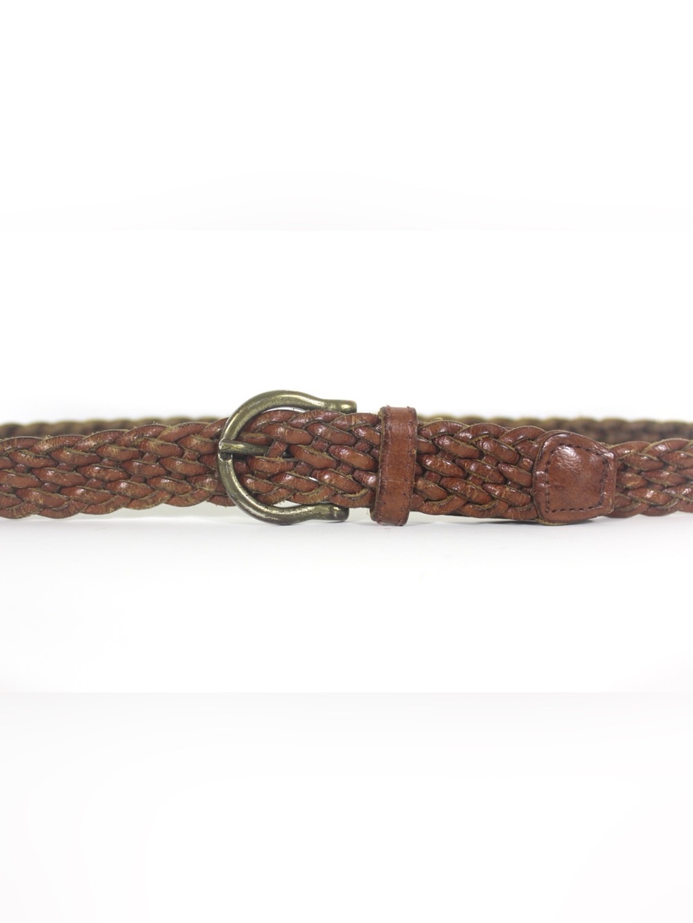 Up to 32” Vintage Woven or Braided Tan Warm Cognac Brown Leather Belt Brass